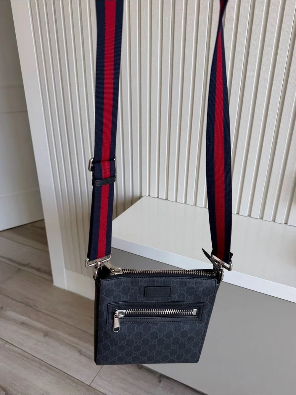 Gucci Black GG Supreme Messenger with Red & Navy Web Strap